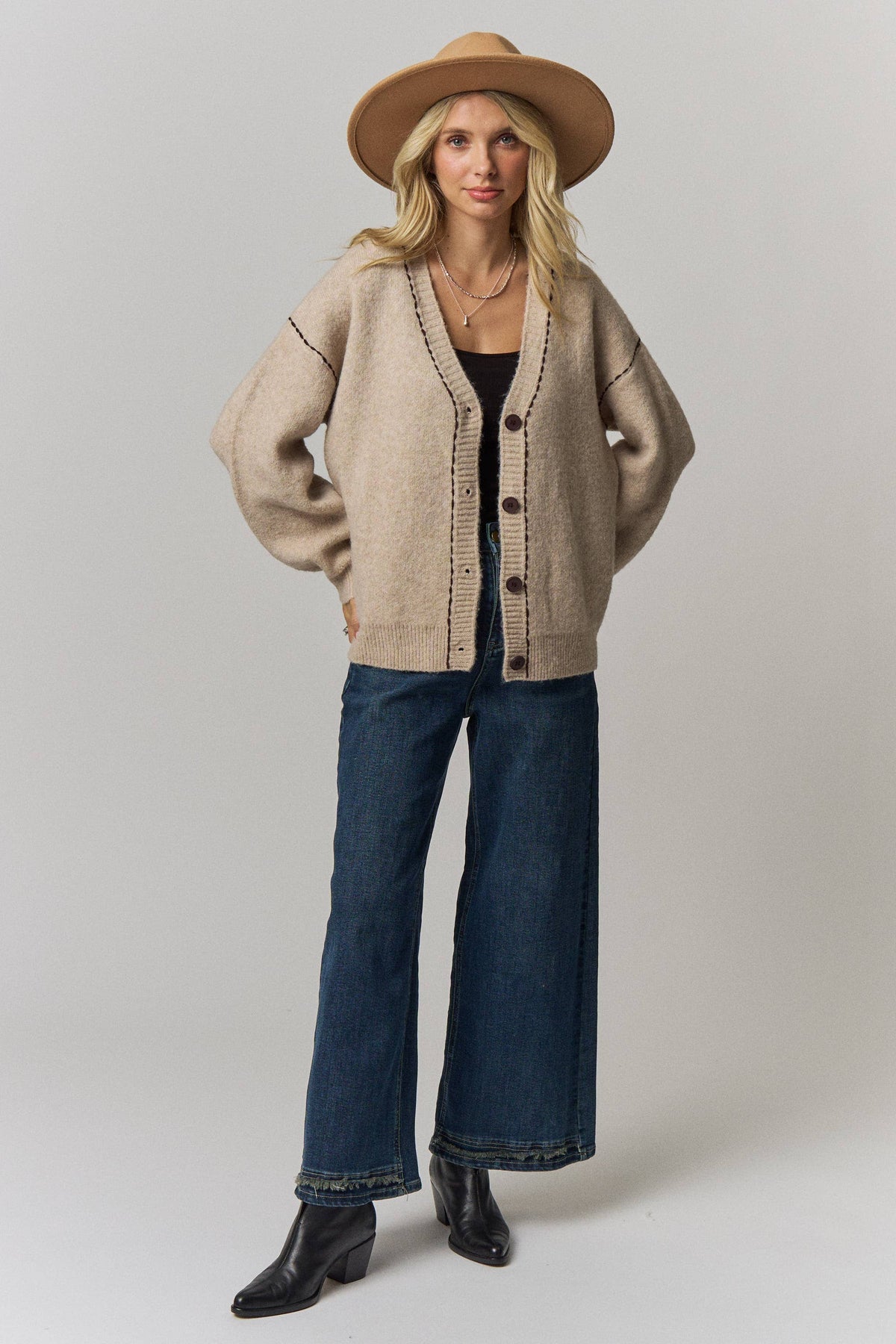 Contrast Stitch Button Front Cardigan- Taupe or Brown