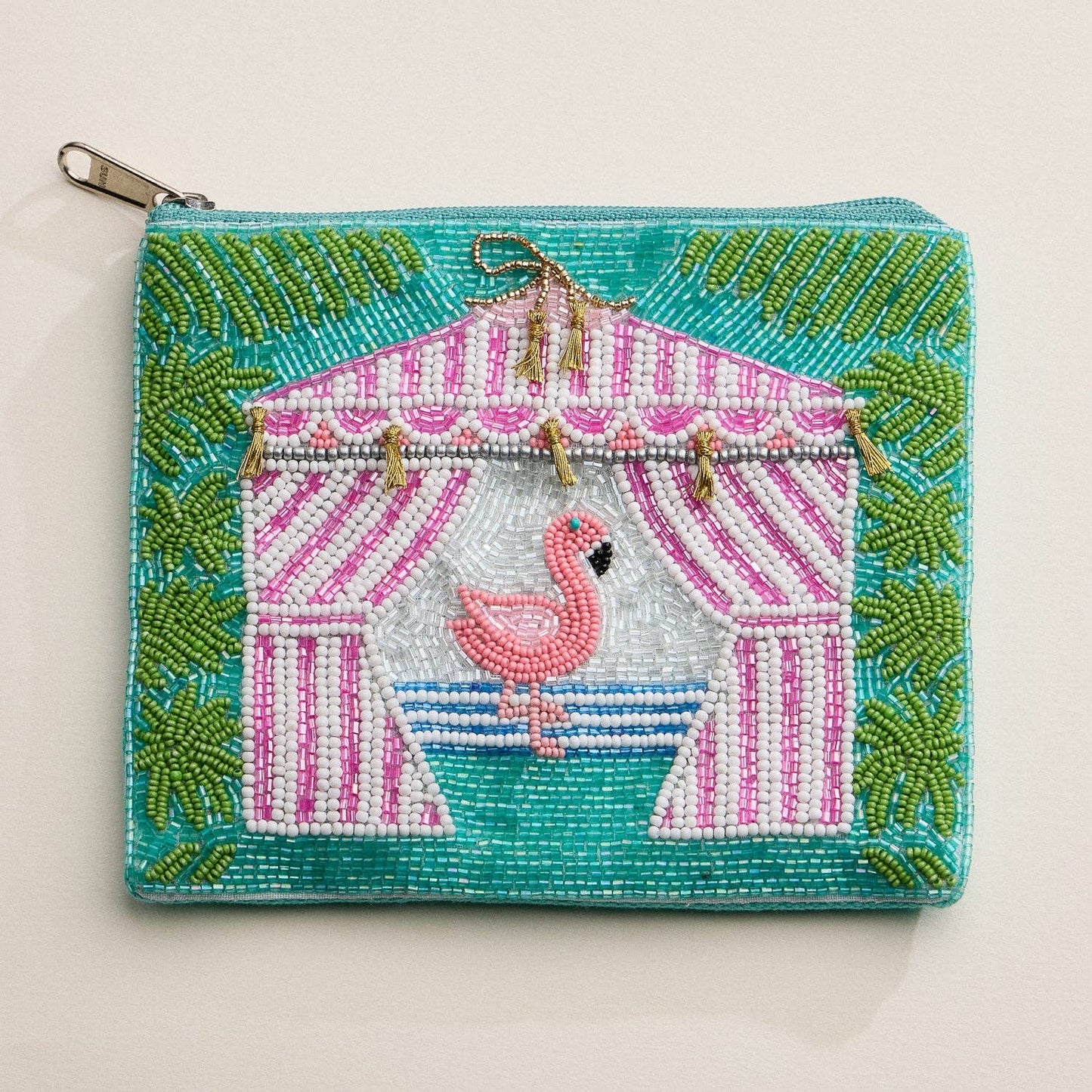 Hand-Beaded & Sequined “Tropical Flamingo” Coin Zip Pouch