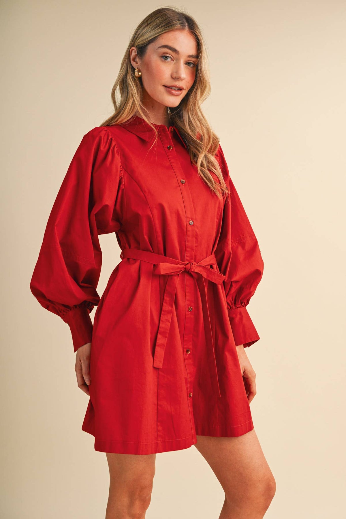 Button Down Belted Mini Dress- Off White or Red
