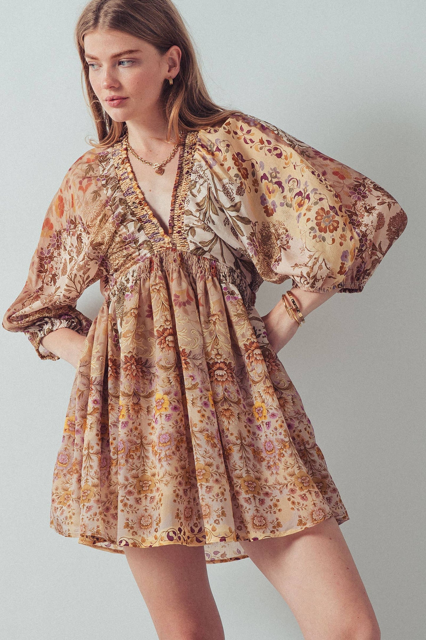 Mixed-Print Boho Smocked Waist Mini Dress
