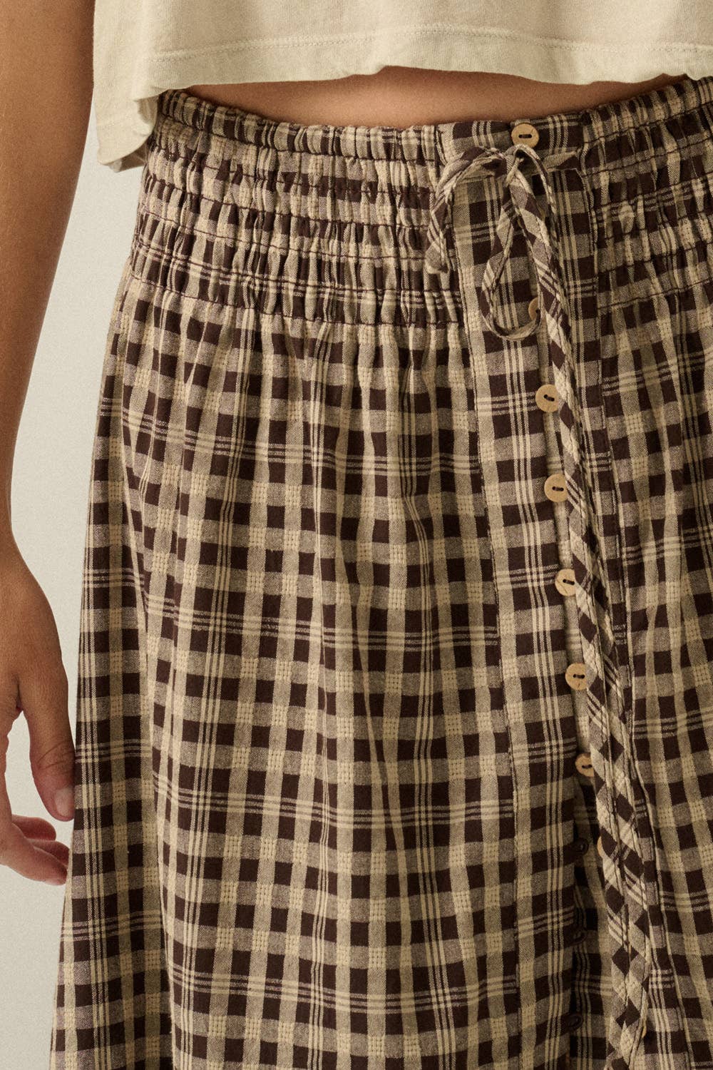 Woven Plaid Button-Front Ruffle-Hem Drawstring Maxi Skirt