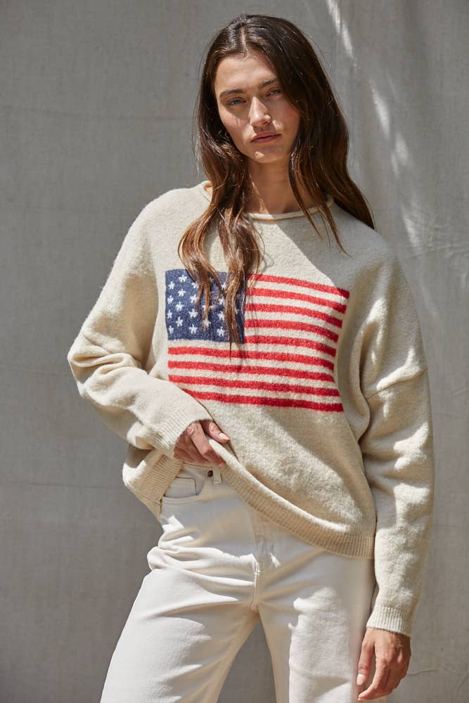 Knit Sweater American Flag Long Sleeve
