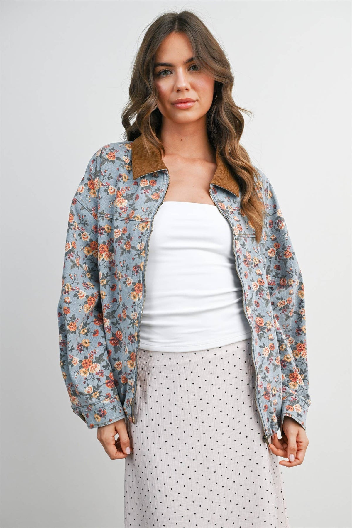 Floral Print Corduroy Collar Jacket