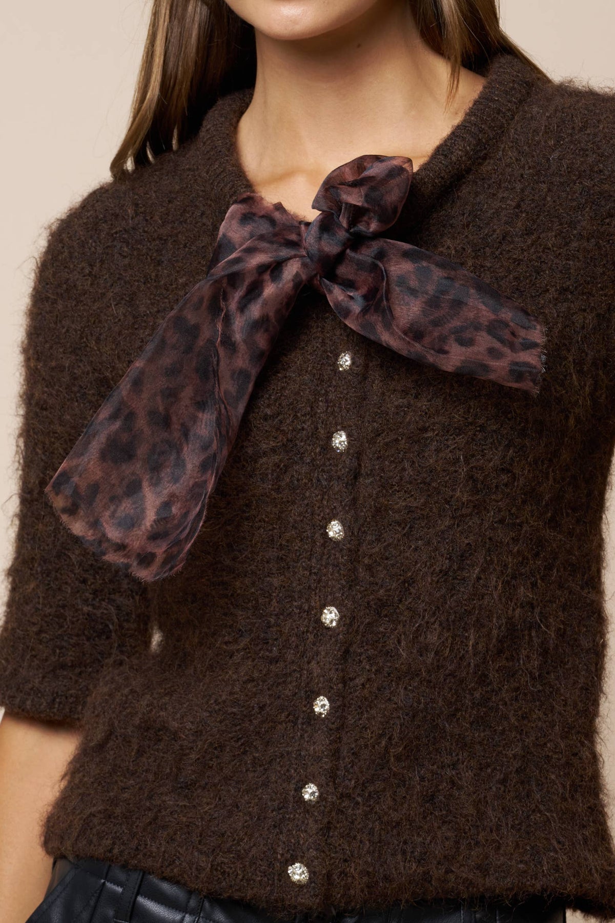 Leopard Scarf Tie Button-Down Sweater Top