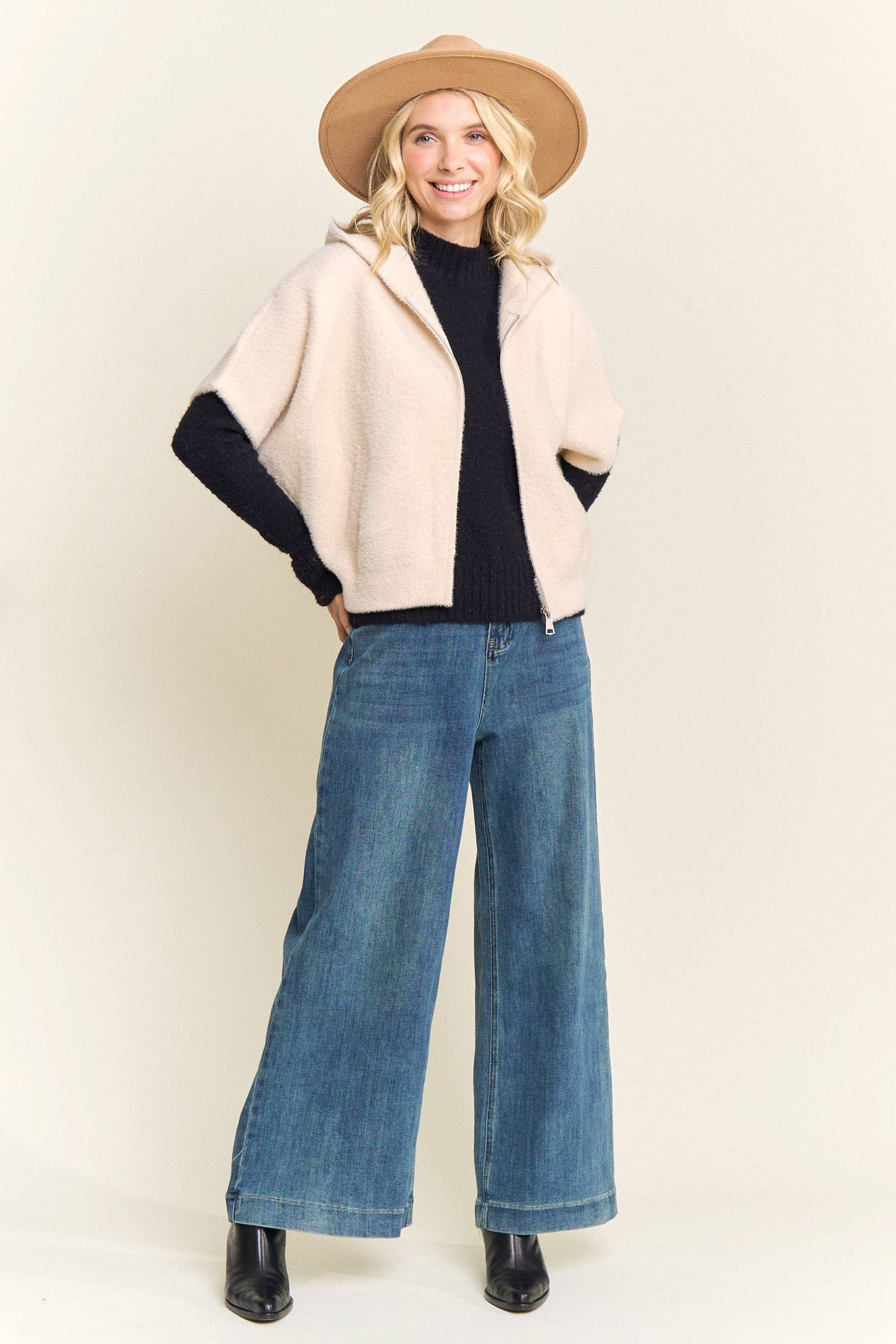 Short Sleeve Hooded Zip Up Fuzzy Sweater