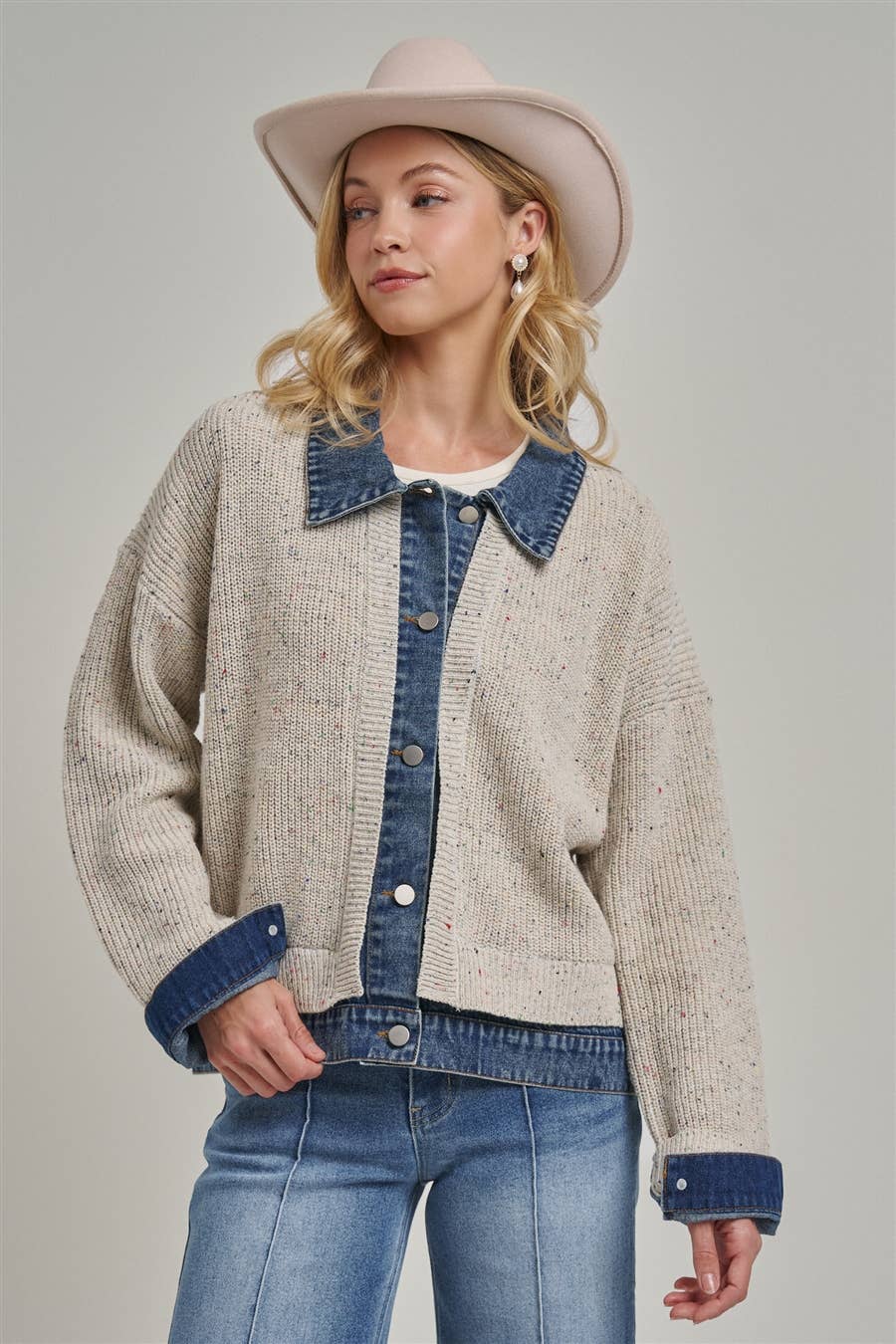 Sweater Jacket with Denim Trim