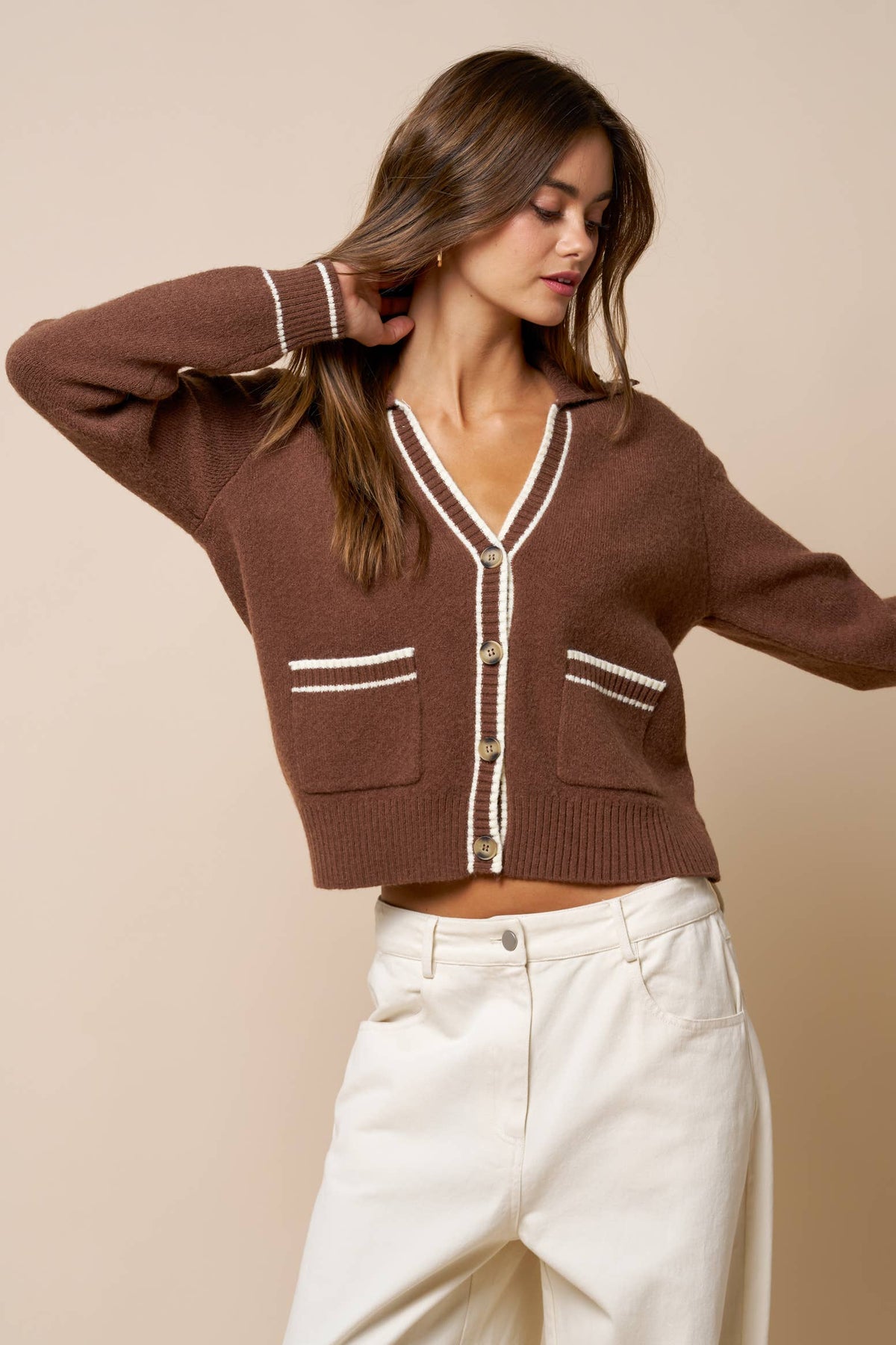 Stripe Hem V Neck Button Down Cardigan