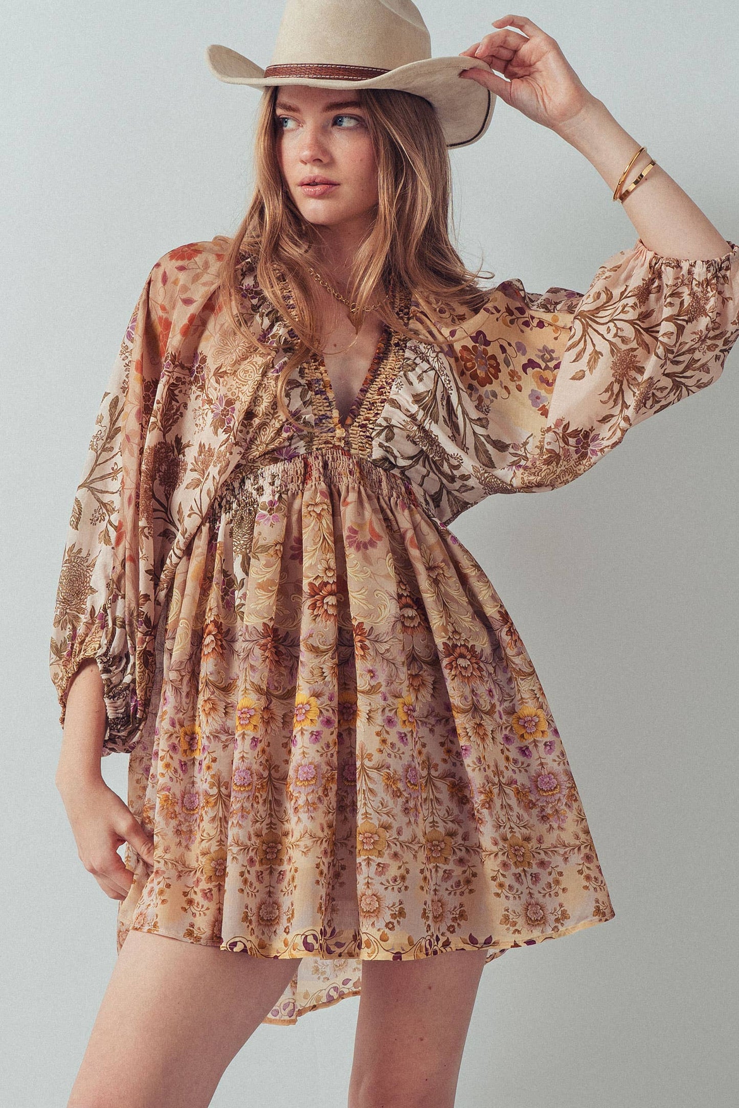 Mixed-Print Boho Smocked Waist Mini Dress
