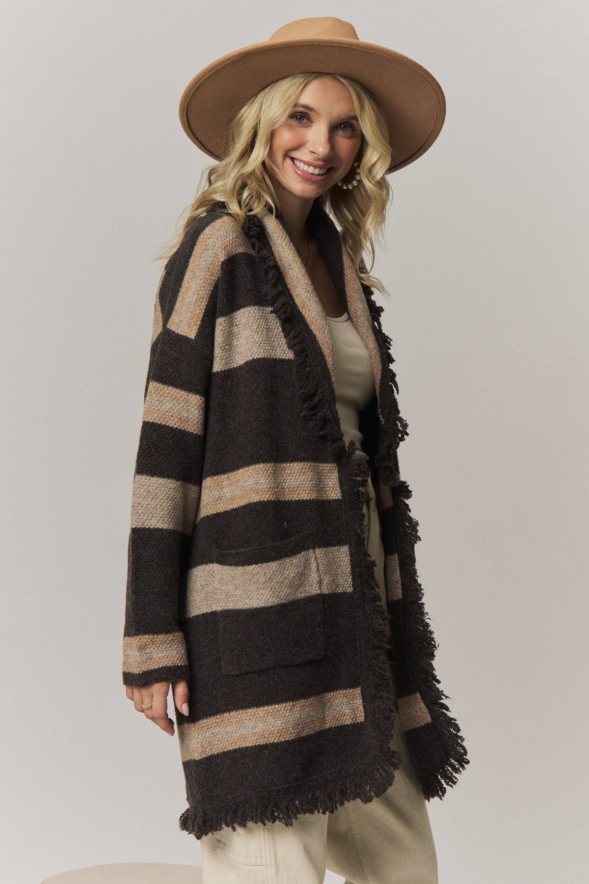 Boho Striped Fringe Long Cardigan