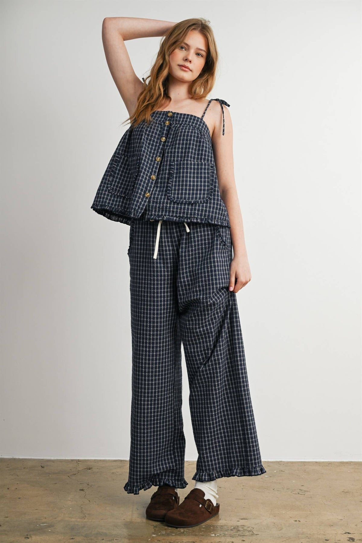 Gingham Drawstring Wide Leg Pants