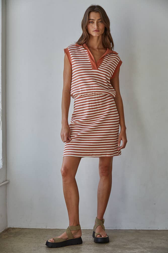 Knit Cotton Spandex Striped Ribbed V-Neck Polo Mini