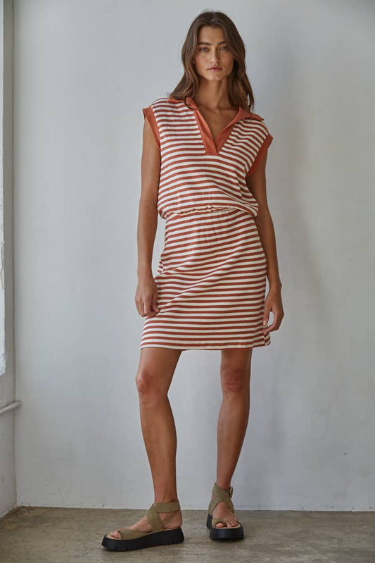 Knit Cotton Spandex Striped Ribbed V-Neck Polo Mini