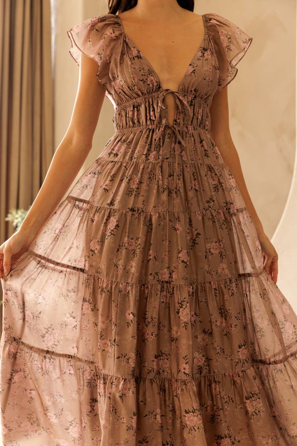Floral Tie Front Tiered A-line Dress