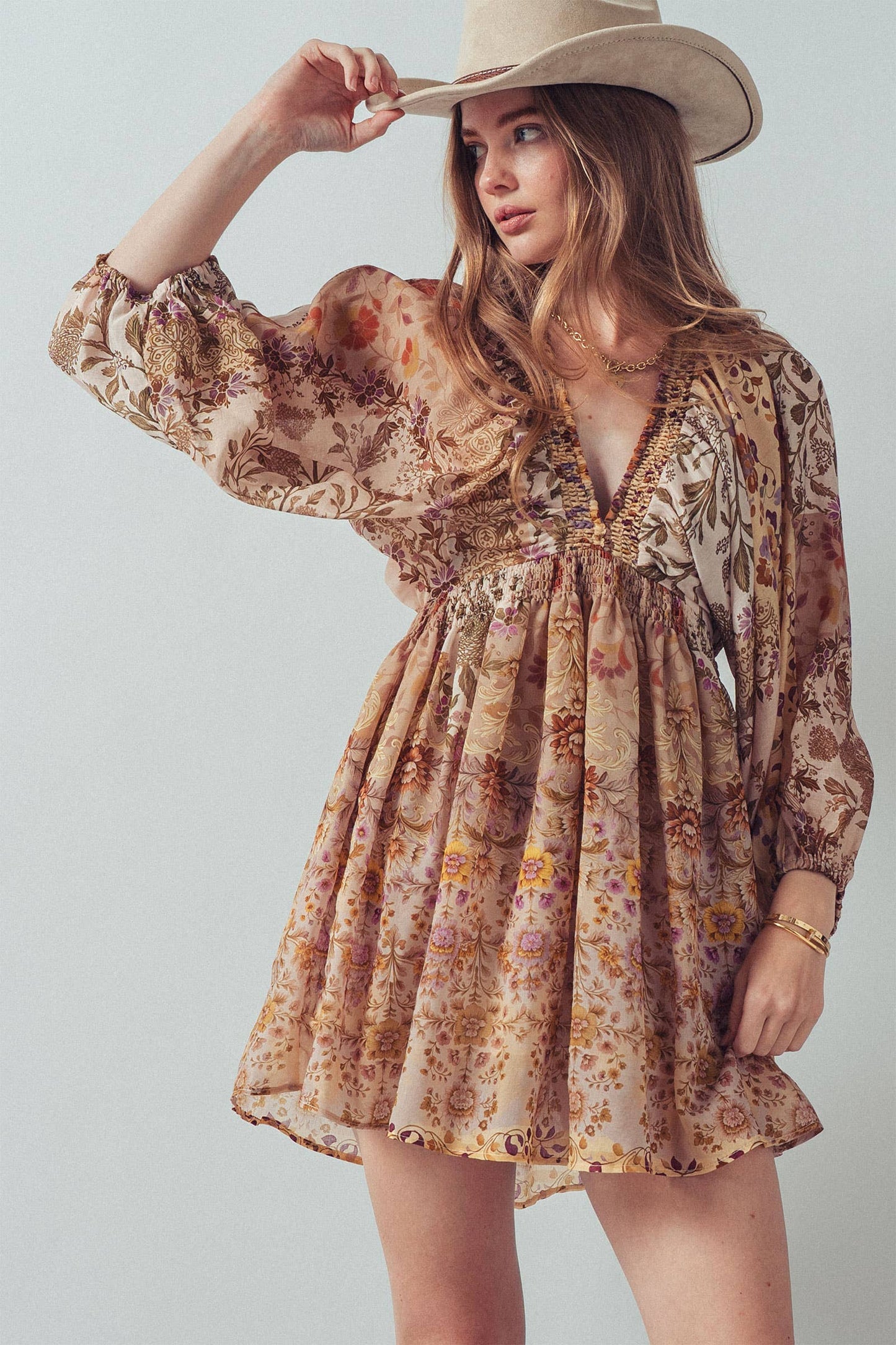 Mixed-Print Boho Smocked Waist Mini Dress