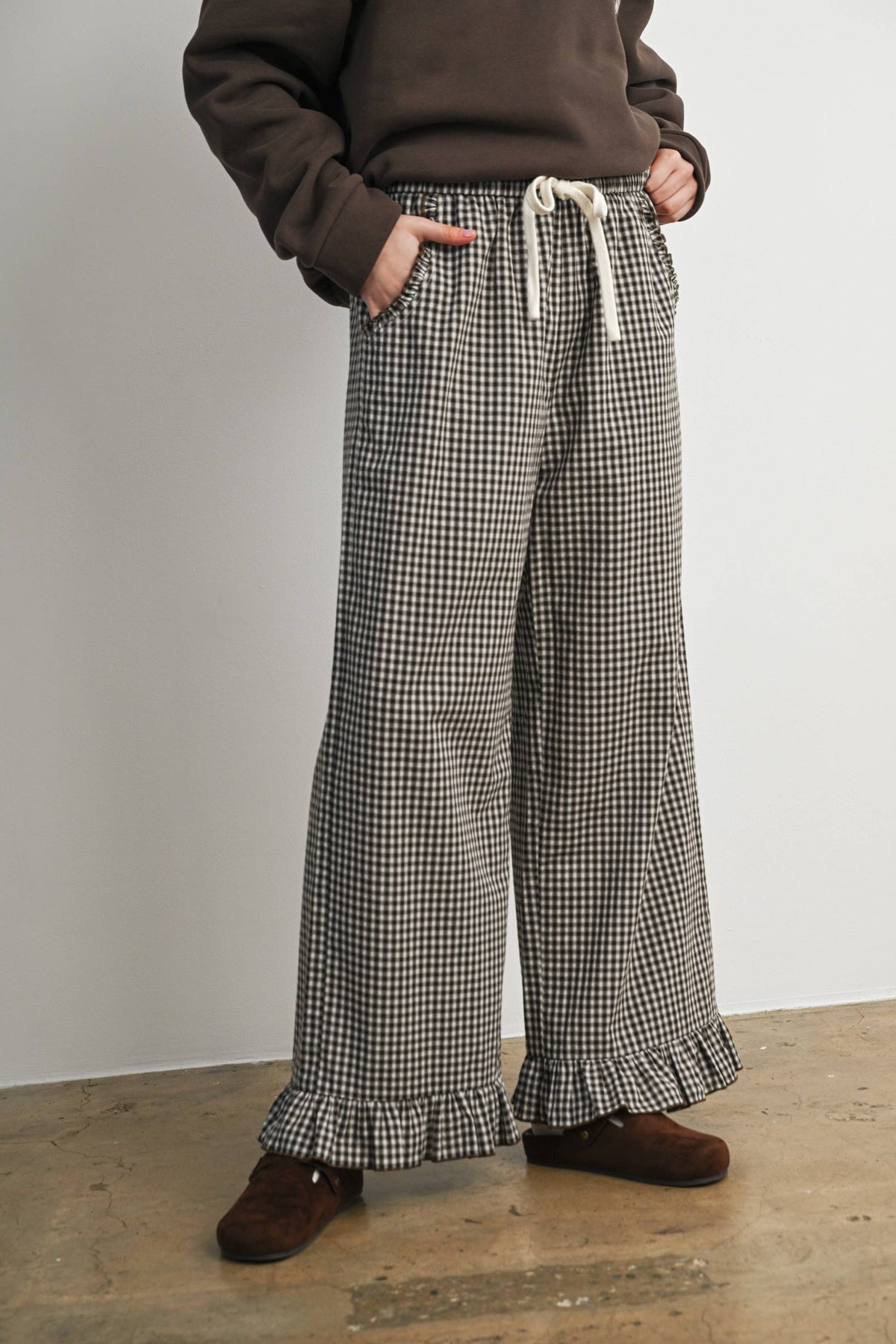 Gingham Ruffle Hem Wide Leg Pants