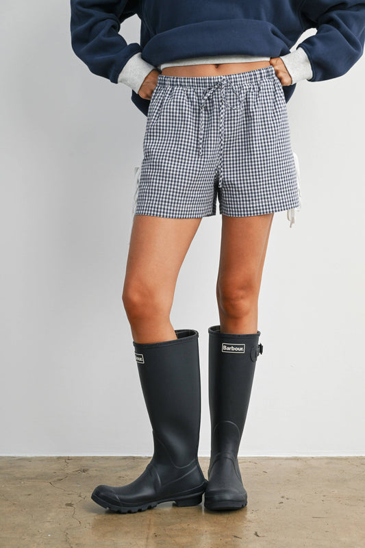 Women's Gingham Tie-Side Shorts- Navy & Red