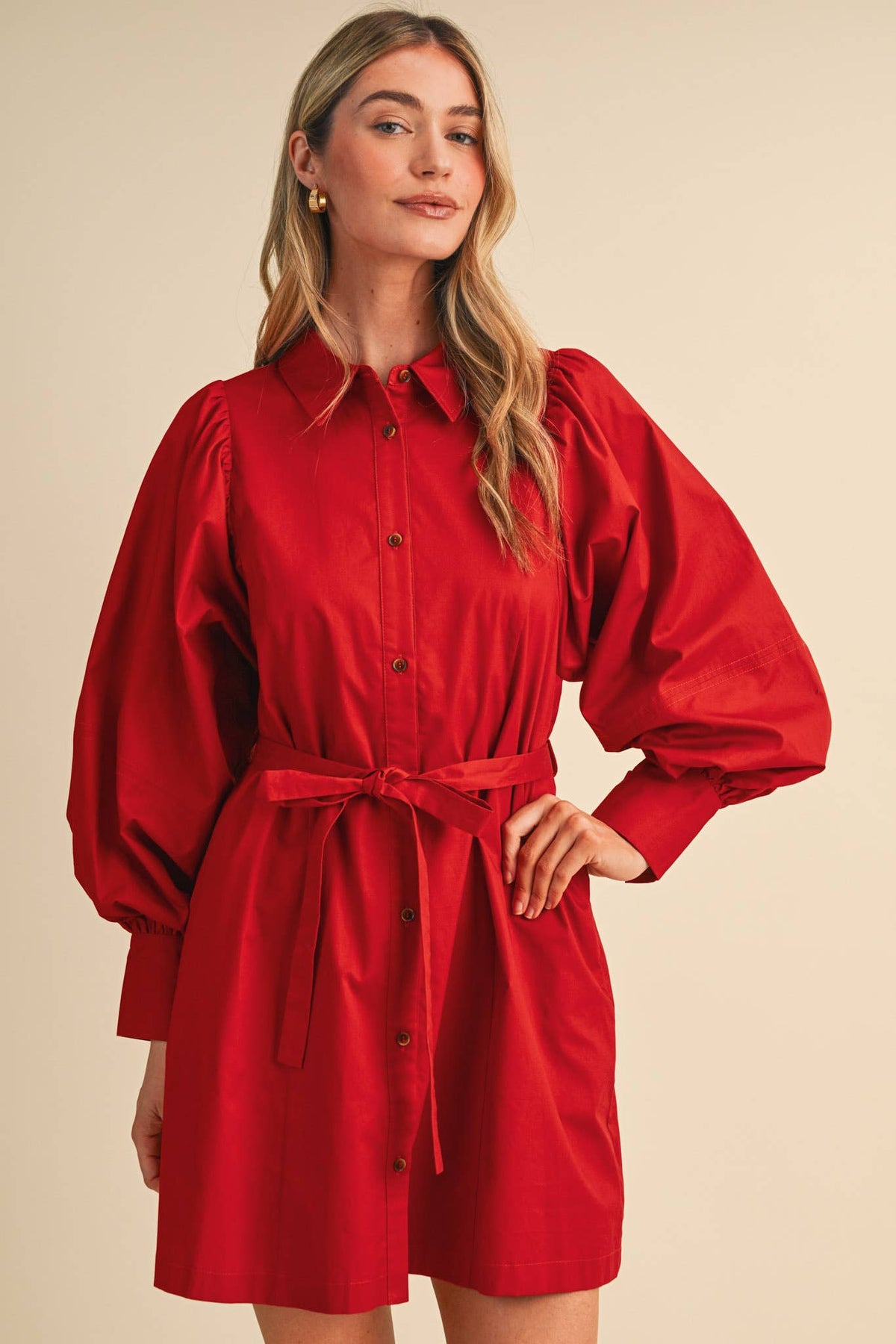 Button Down Belted Mini Dress- Off White or Red
