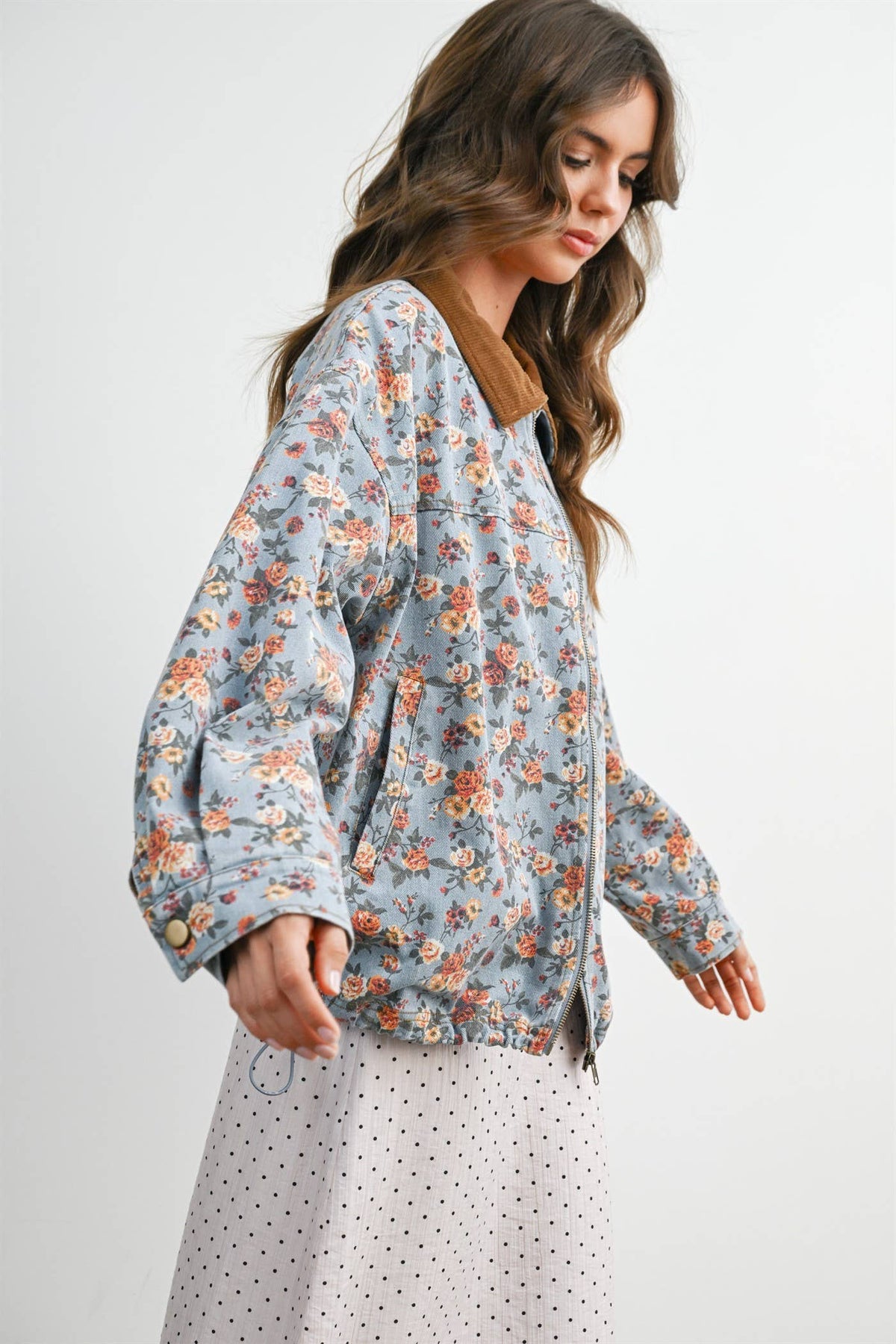 Floral Print Corduroy Collar Jacket