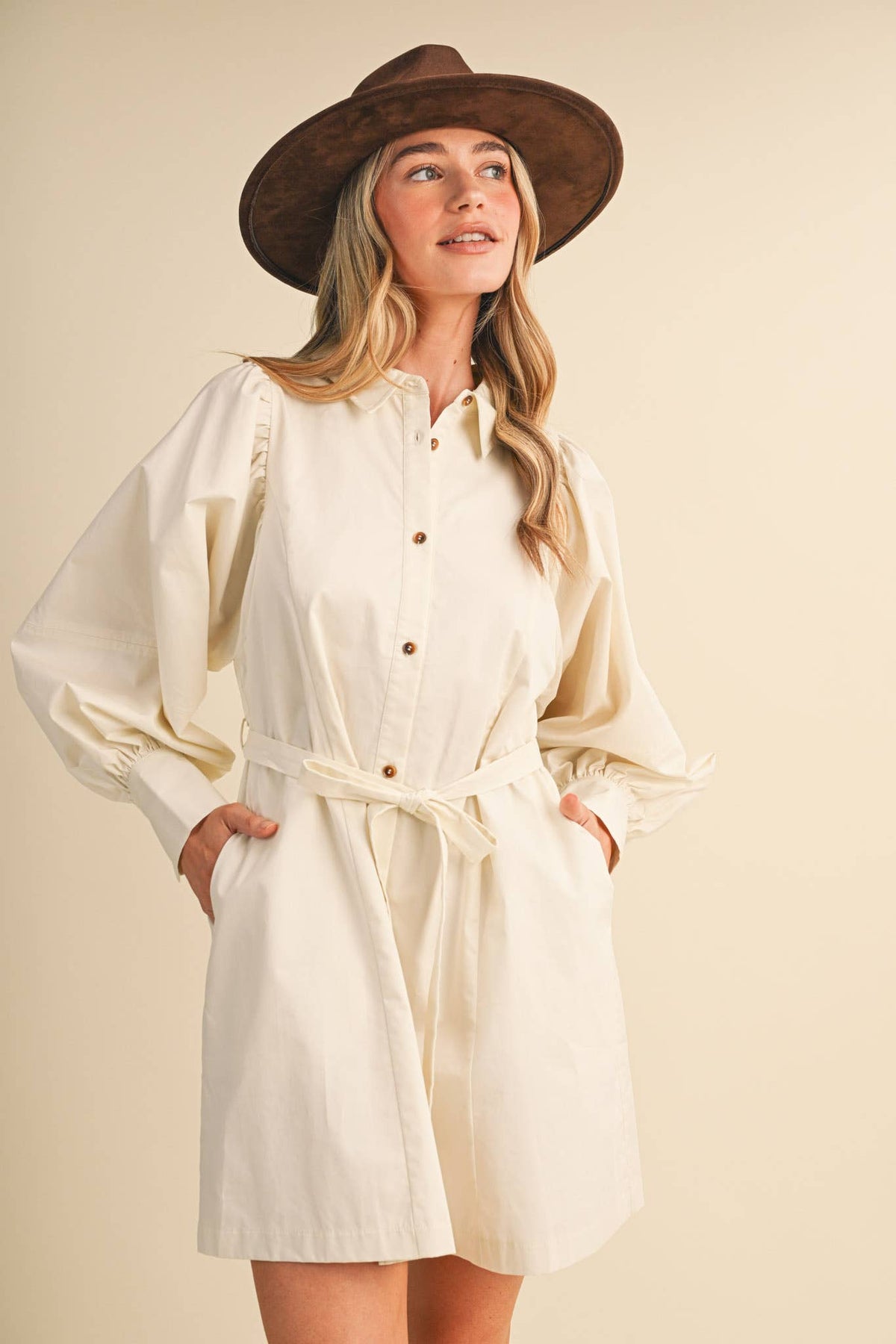 Button Down Belted Mini Dress- Off White or Red