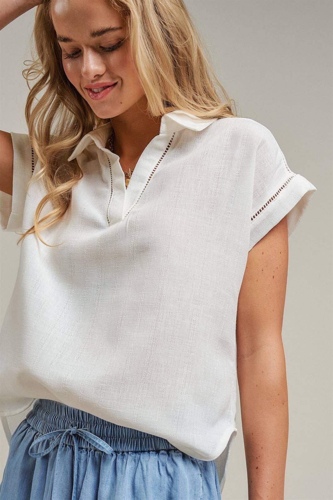 Linen-Inspired Ladder Trim Polo Top