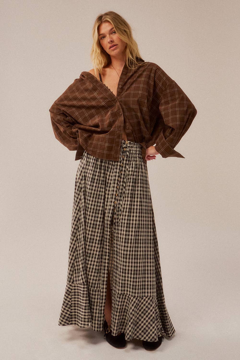 Woven Plaid Button-Front Ruffle-Hem Drawstring Maxi Skirt
