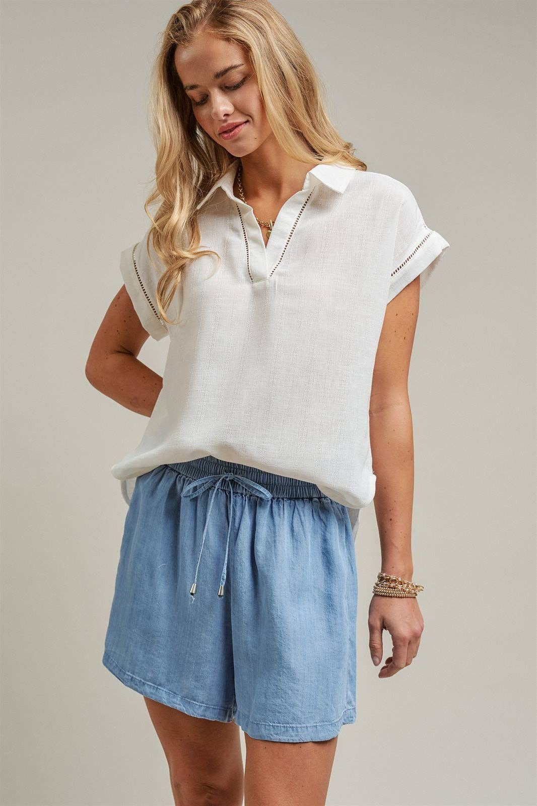 Linen-Inspired Ladder Trim Polo Top