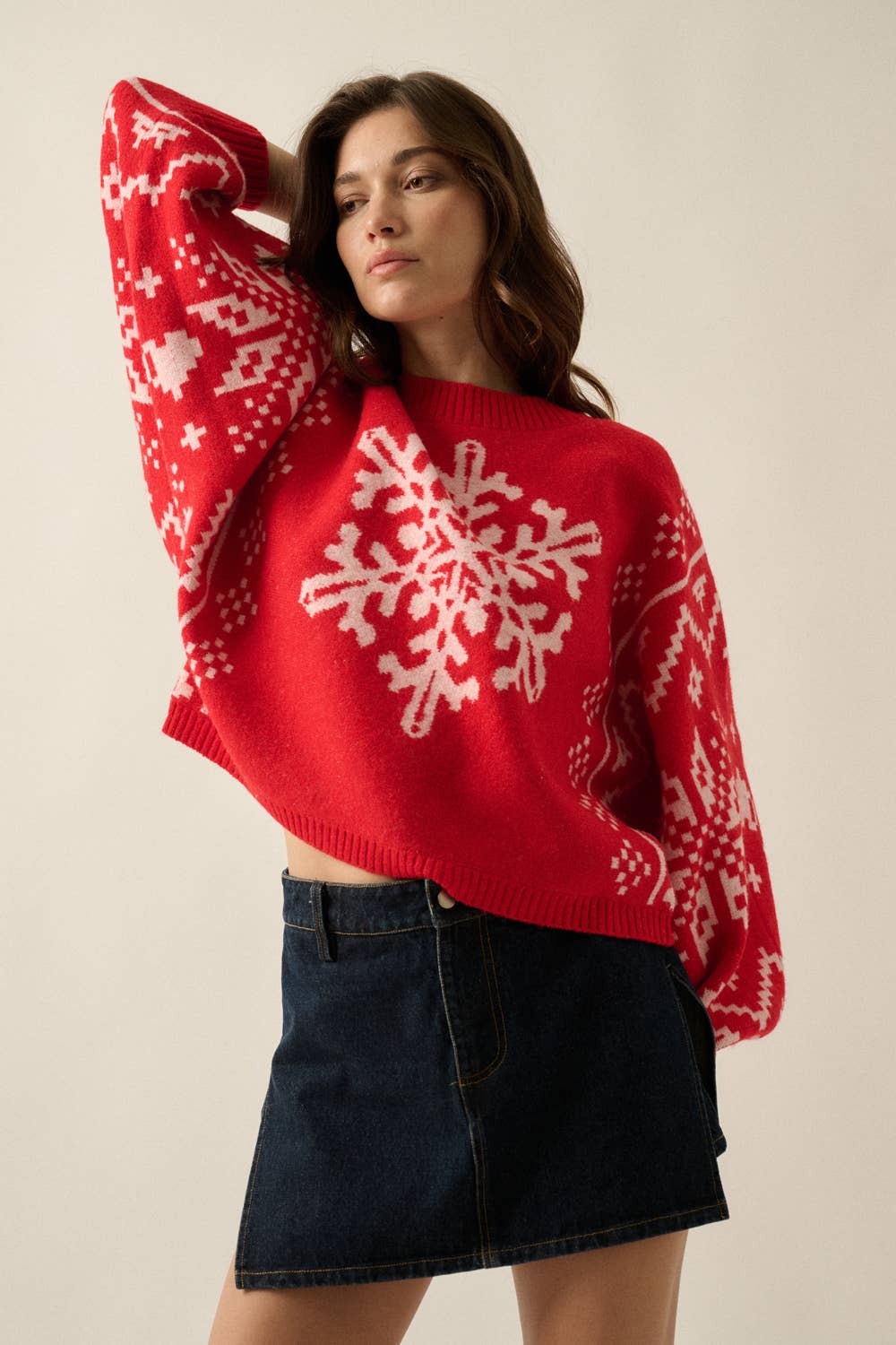 Snowflake Nordic Jacquard-Knit Dolman-Sleeve Sweater- Red and Sand