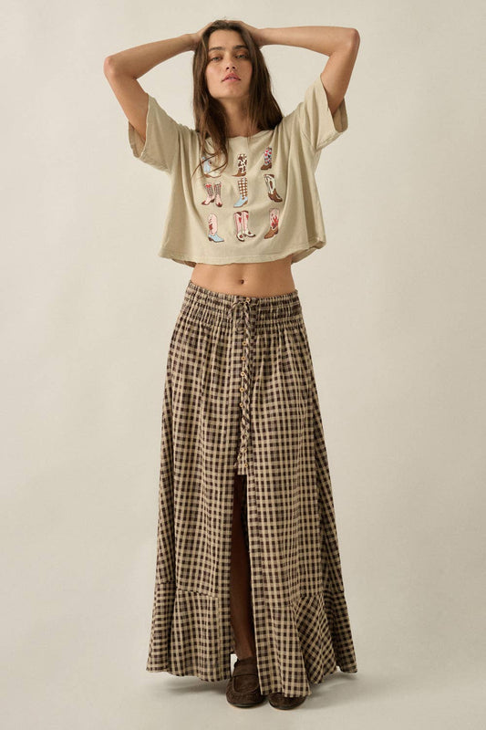 Woven Plaid Button-Front Ruffle-Hem Drawstring Maxi Skirt