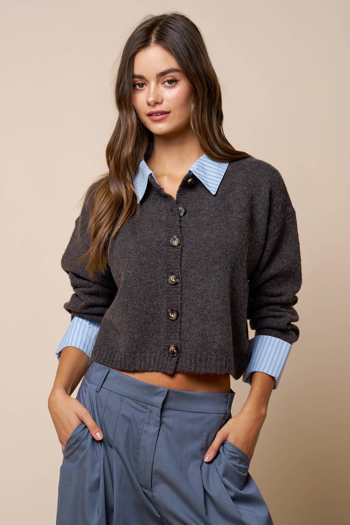 Stripe Trim Button Down Sweater Cardigan