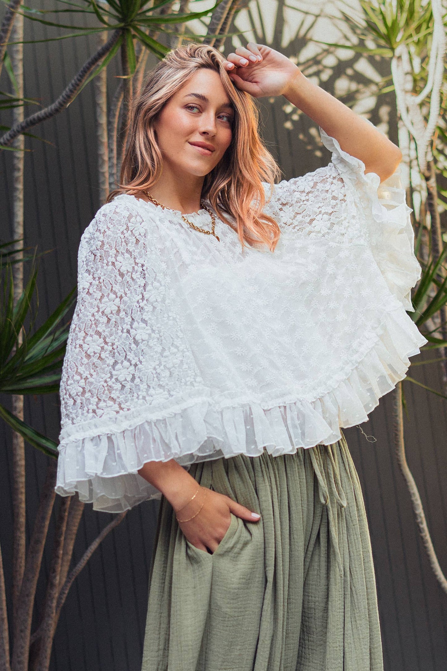 Swiss Dot Lace Flutter Sleeve Top