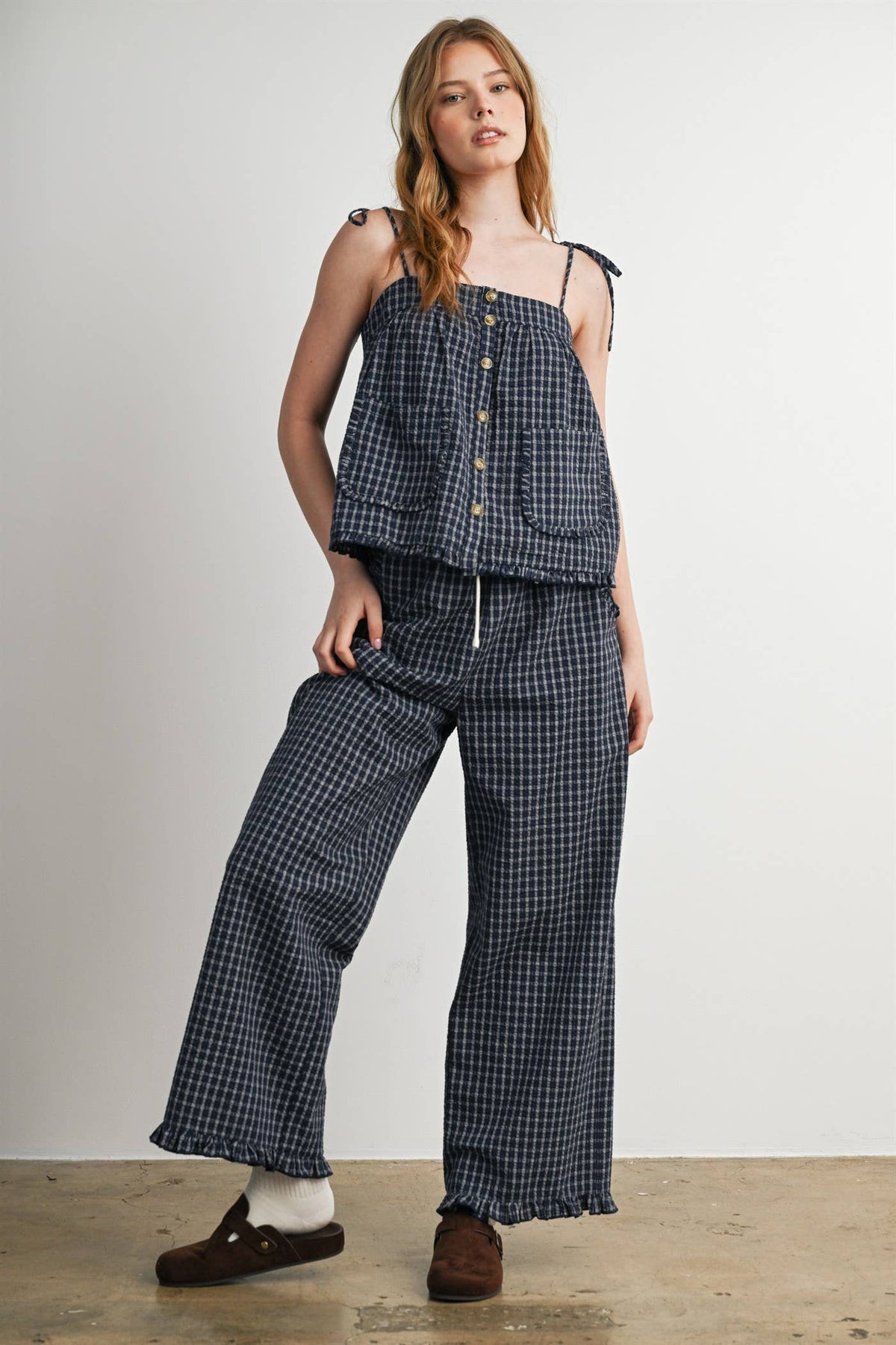 Gingham Drawstring Wide Leg Pants