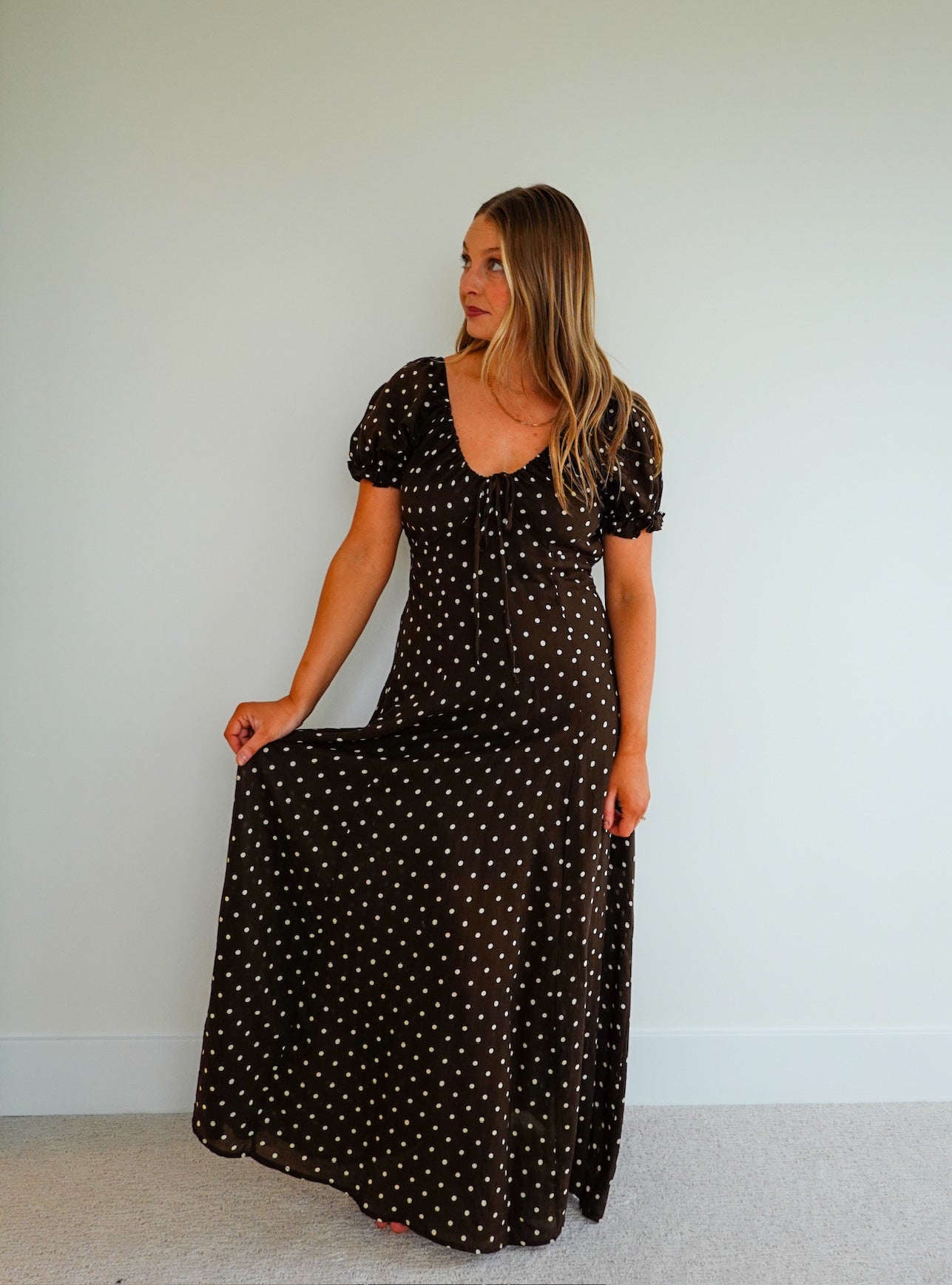 Woven Rayon Polyester Polka Dot Print Long Dress