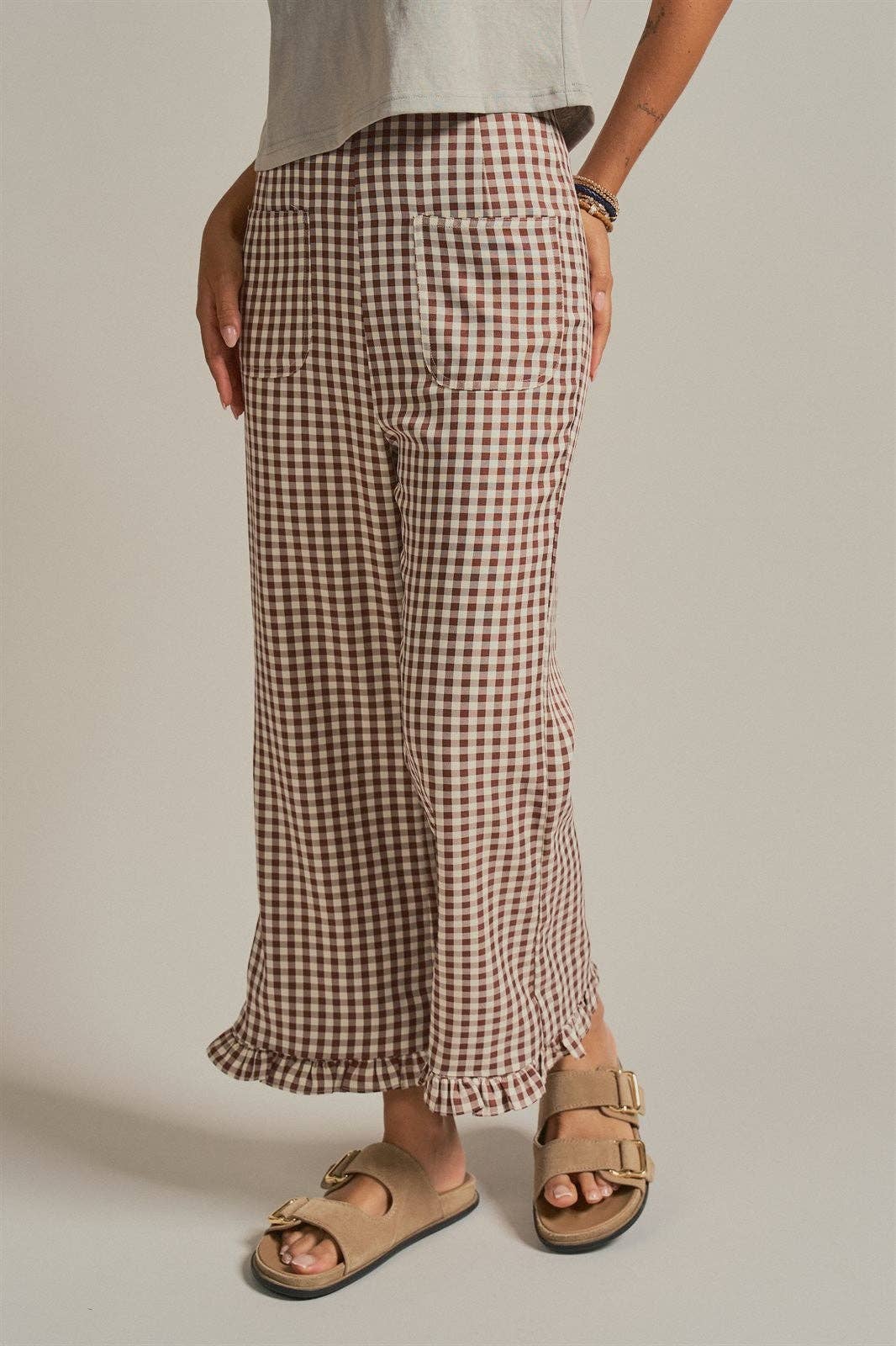 Gingham Ruffle Hem Cropped Wide Leg Pants