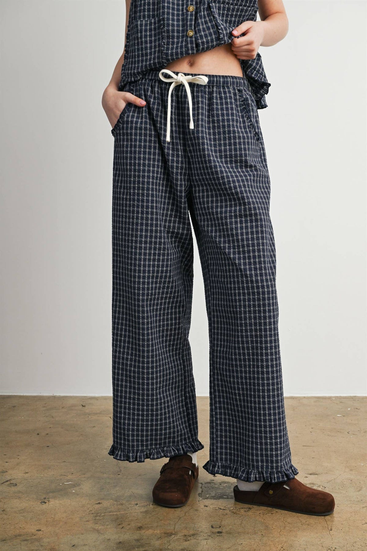 Gingham Drawstring Wide Leg Pants