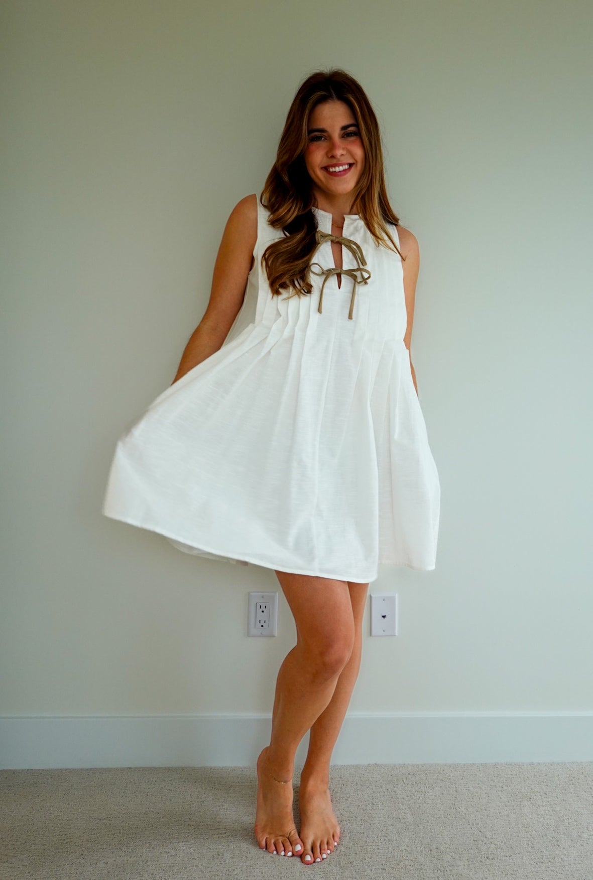 Bow Detail Pleated Mini Dress