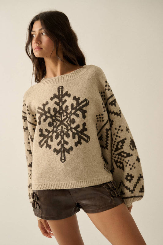 Snowflake Nordic Jacquard-Knit Dolman-Sleeve Sweater- Red and Sand