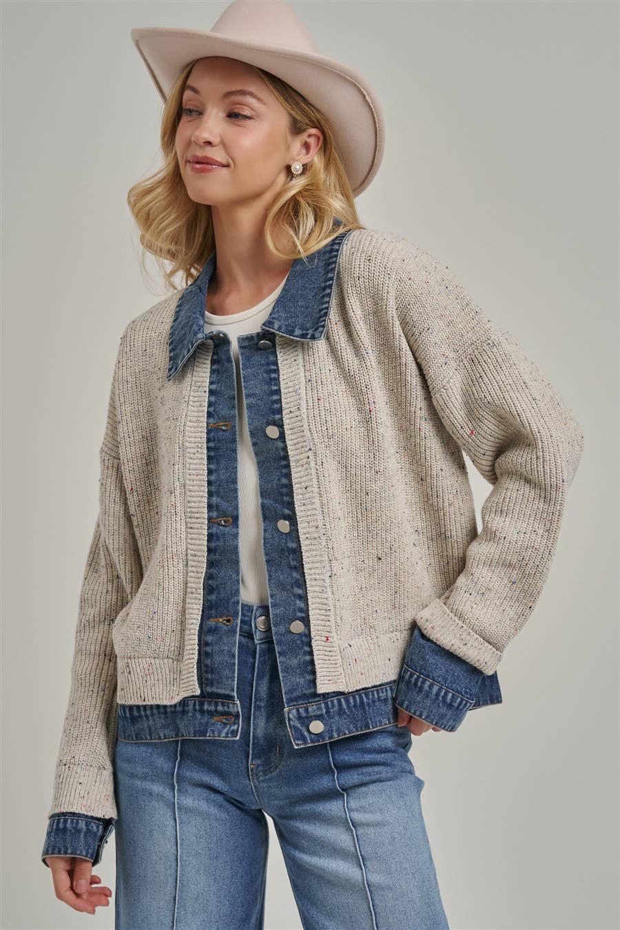 Sweater Jacket with Denim Trim