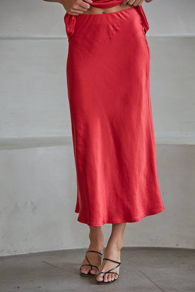 Woven Satin Waist Elastic Band Midi Skirt