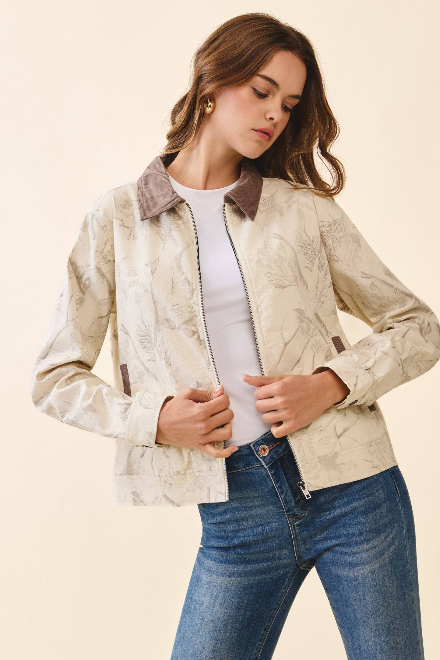 Floral Print Zip Front Corduroy Detail Jacket