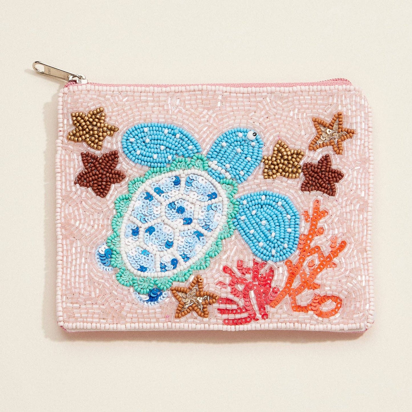 Hand-Beaded & Sequined “Coastal Sea Turtle” Coin Zip Pouch