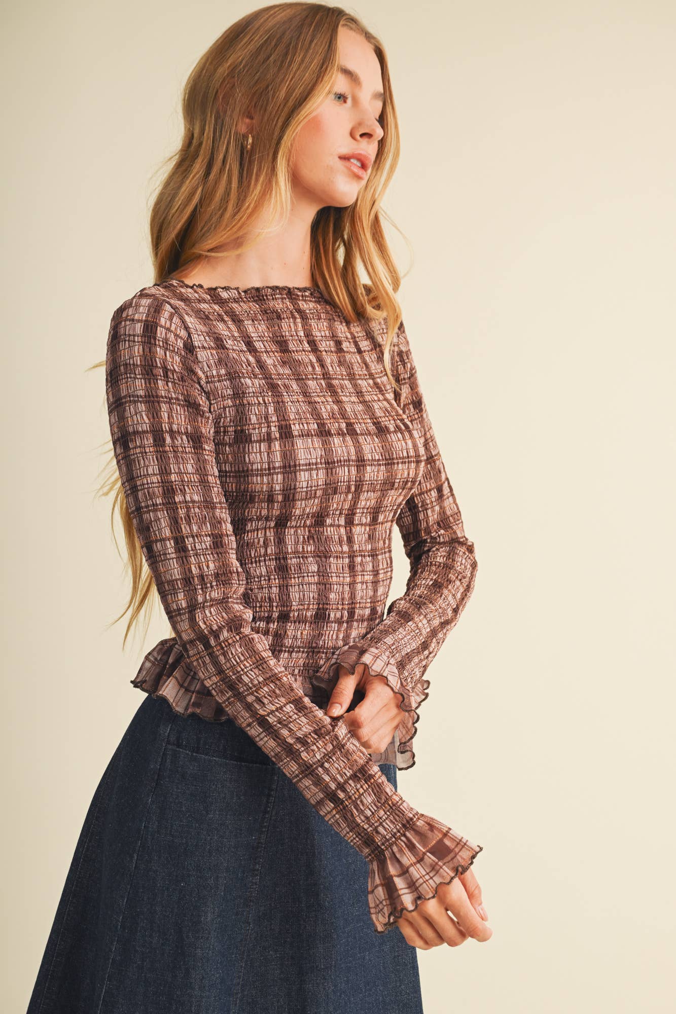 Sheer Plaid Knit Shirred Pullover