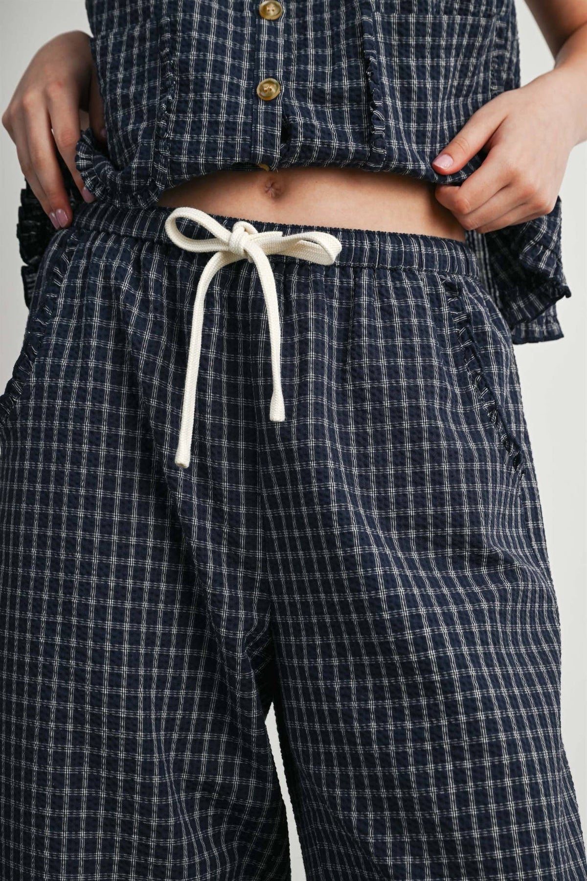 Gingham Drawstring Wide Leg Pants