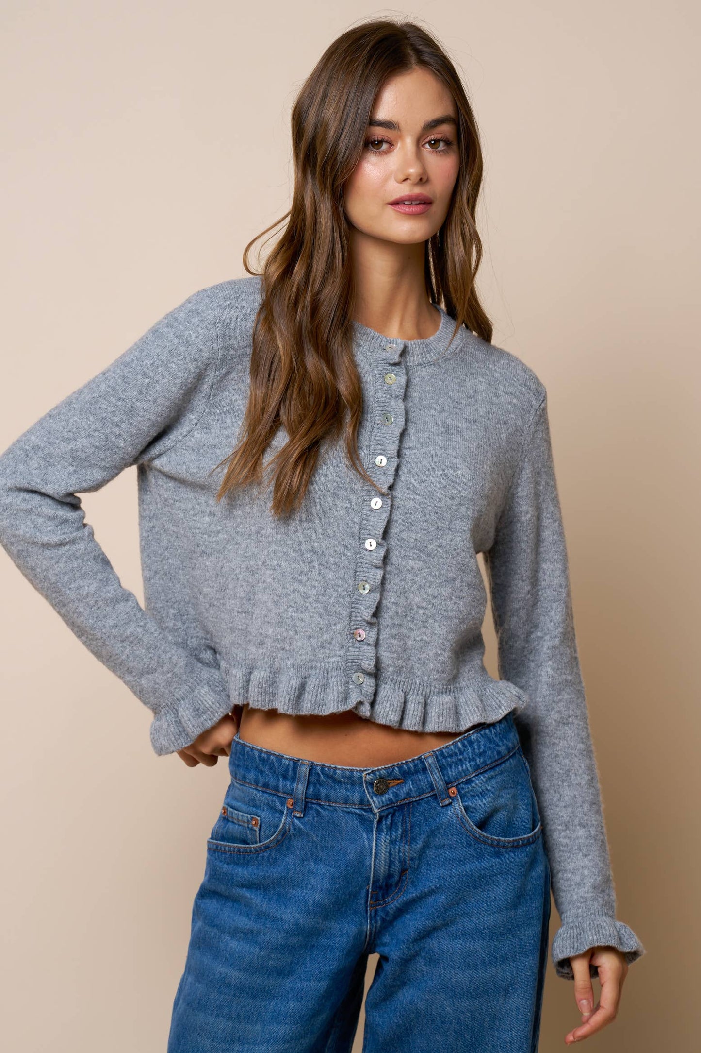 Ruffled Hem Long Sleeve Sweater Button-Down Cardigan