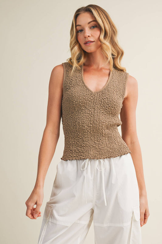 Rib-Trimmed Textured Popcorn Knit Top