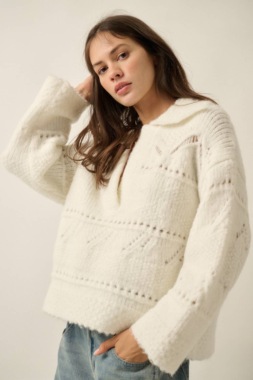 Fuzzy Pointelle Loose-Fit Sweater