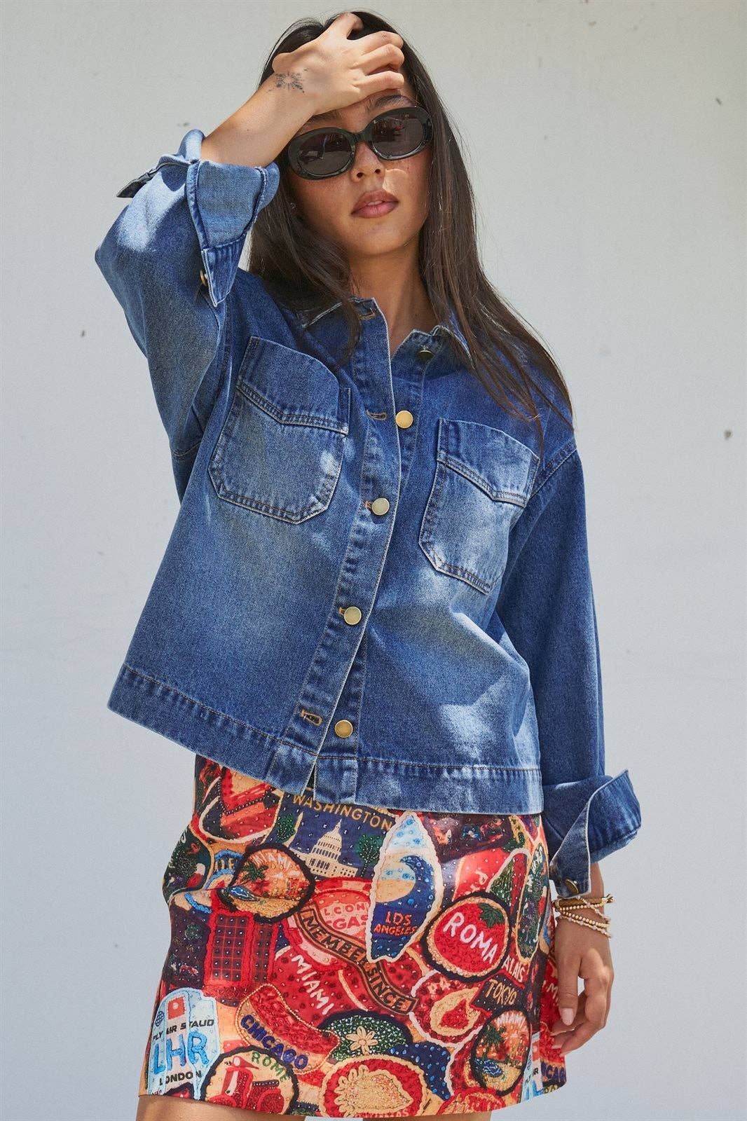 Vintage Wash Denim Shirt Jacket With Gold Buttons