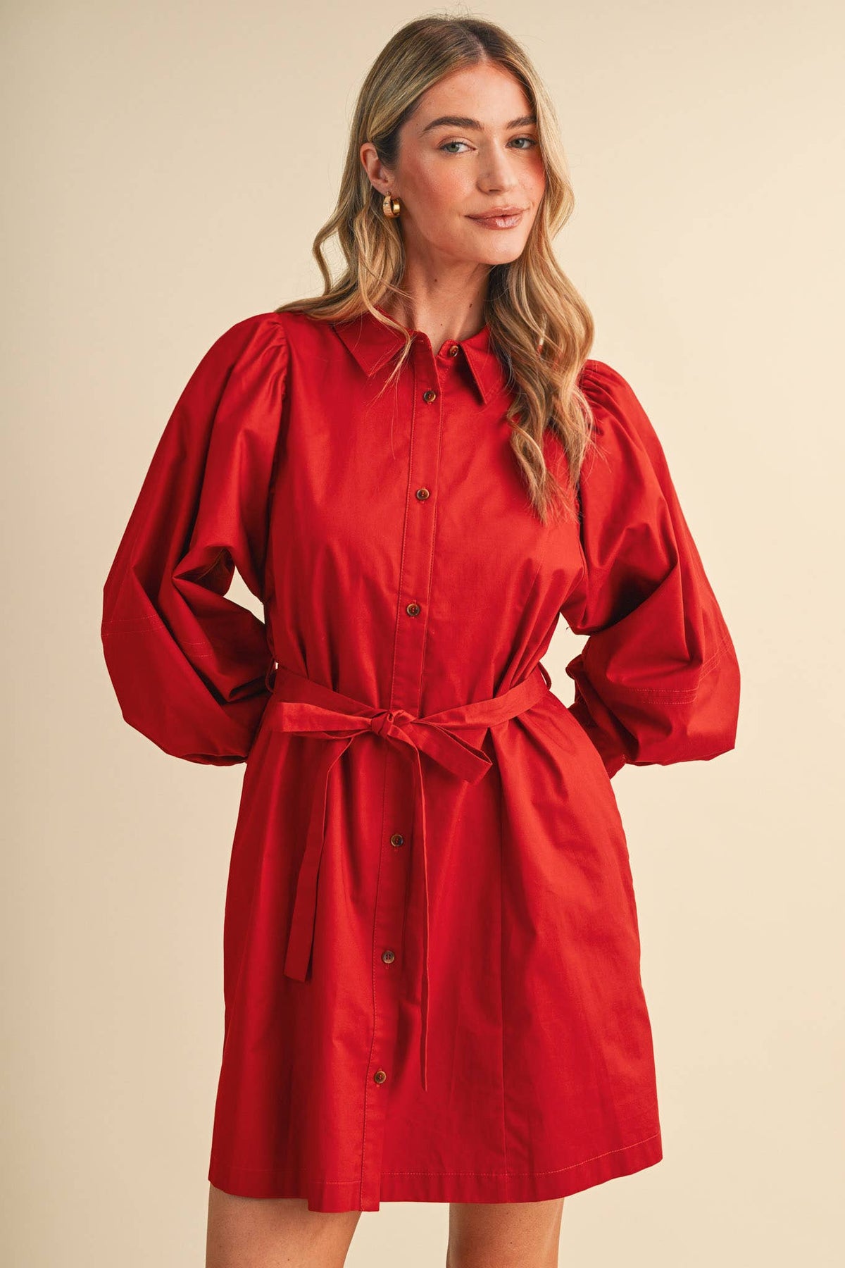 Button Down Belted Mini Dress- Off White or Red