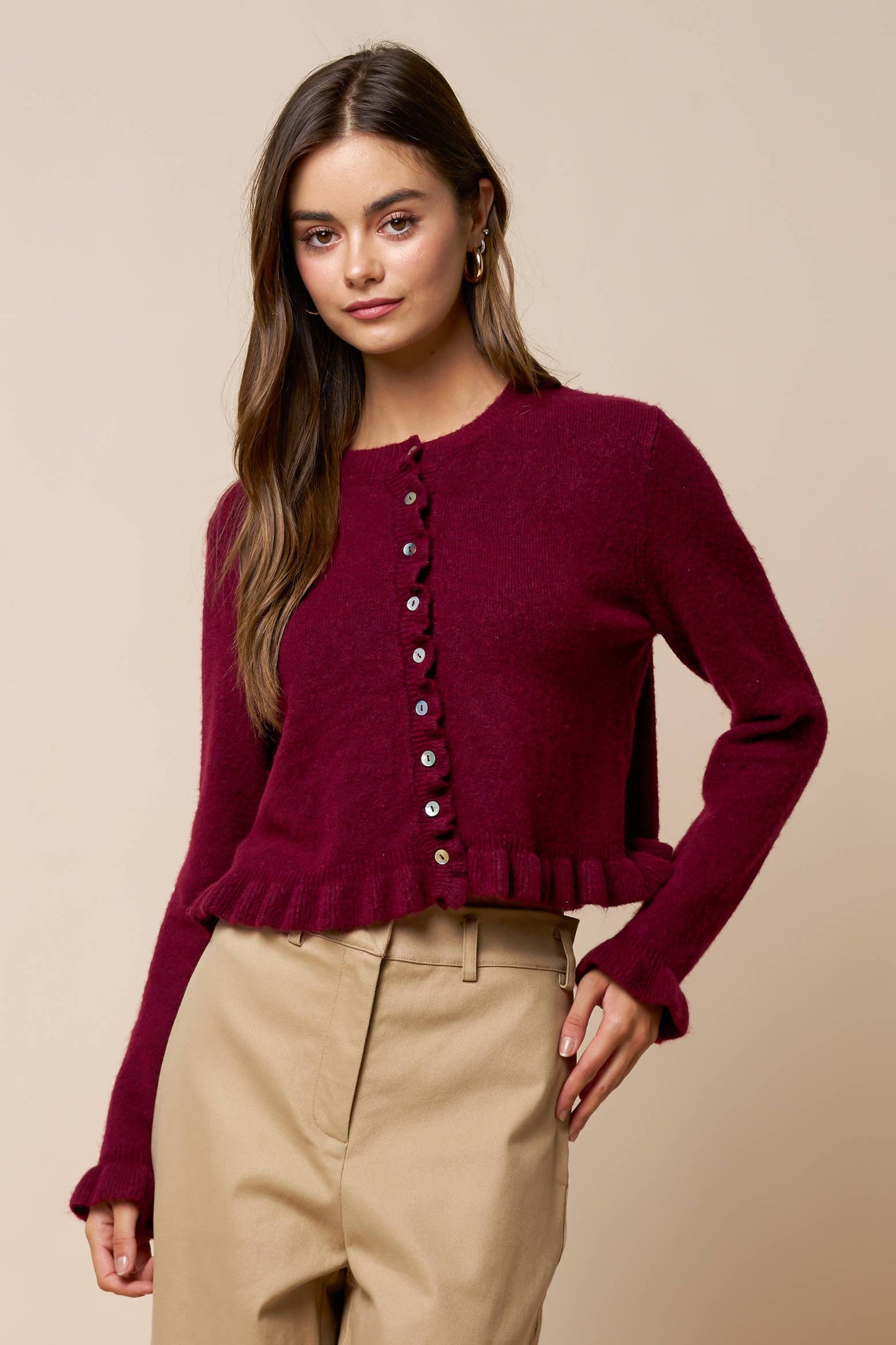 Ruffled Hem Long Sleeve Sweater Button-Down Cardigan