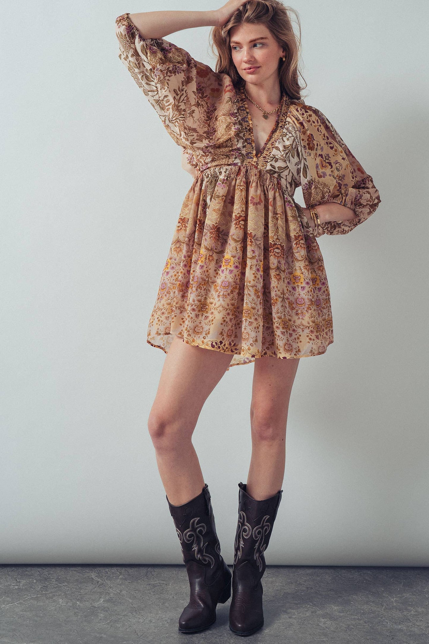 Mixed-Print Boho Smocked Waist Mini Dress