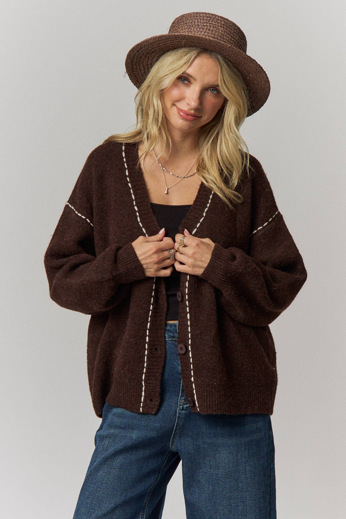 Contrast Stitch Button Front Cardigan- Taupe or Brown